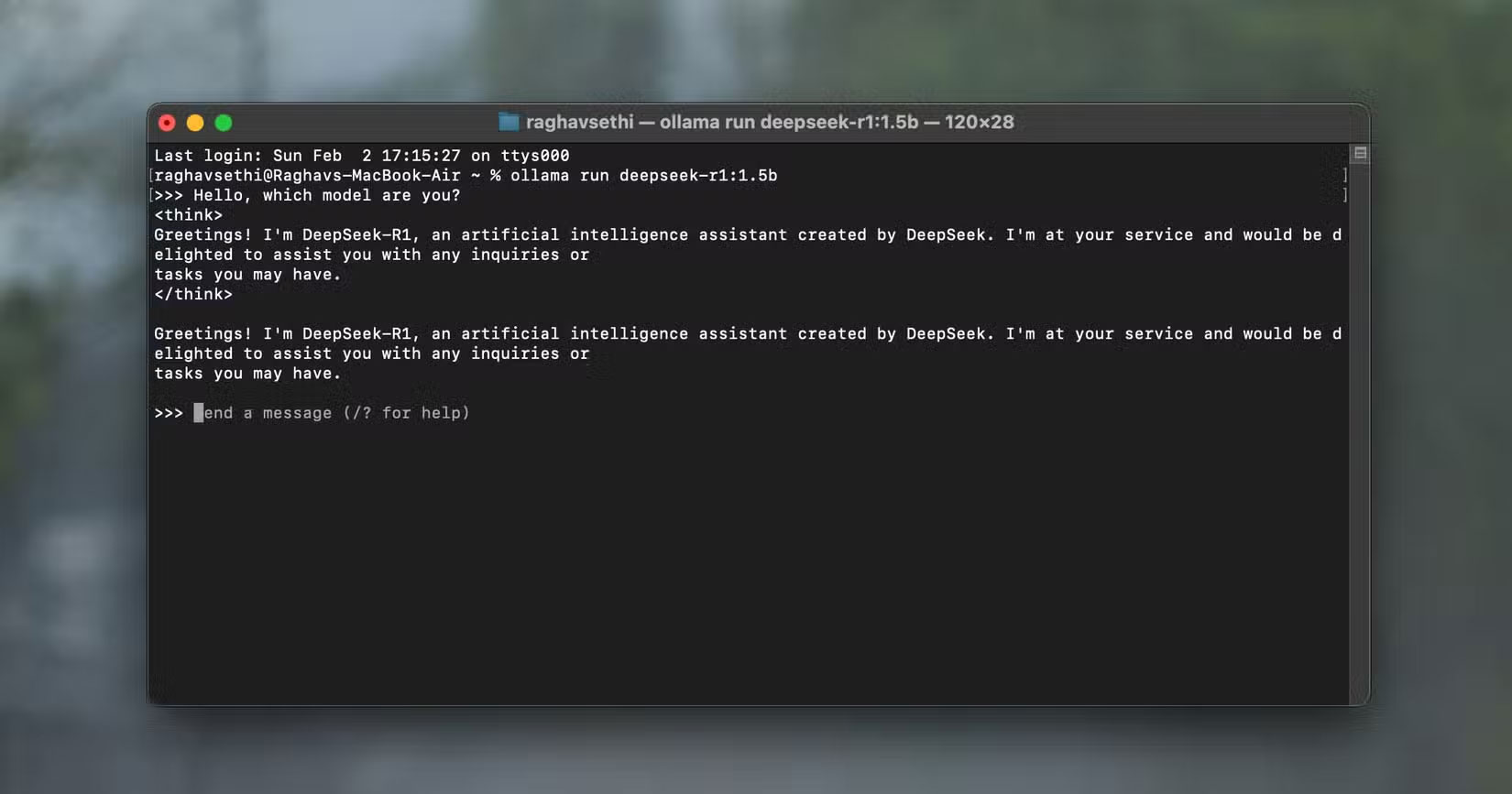 DeepSeek-R1 chạy bên trong cửa sổ Terminal