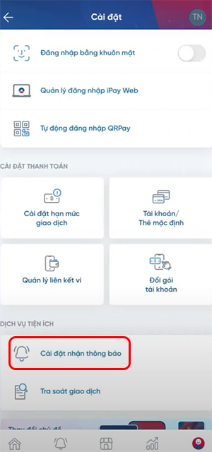 Cài đặt nhận thông báo trên VietinBank iPay