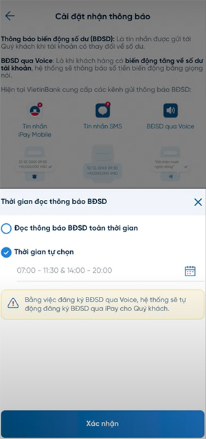 Thời gian báo BĐSD qua Voice trên VietinBank iPay