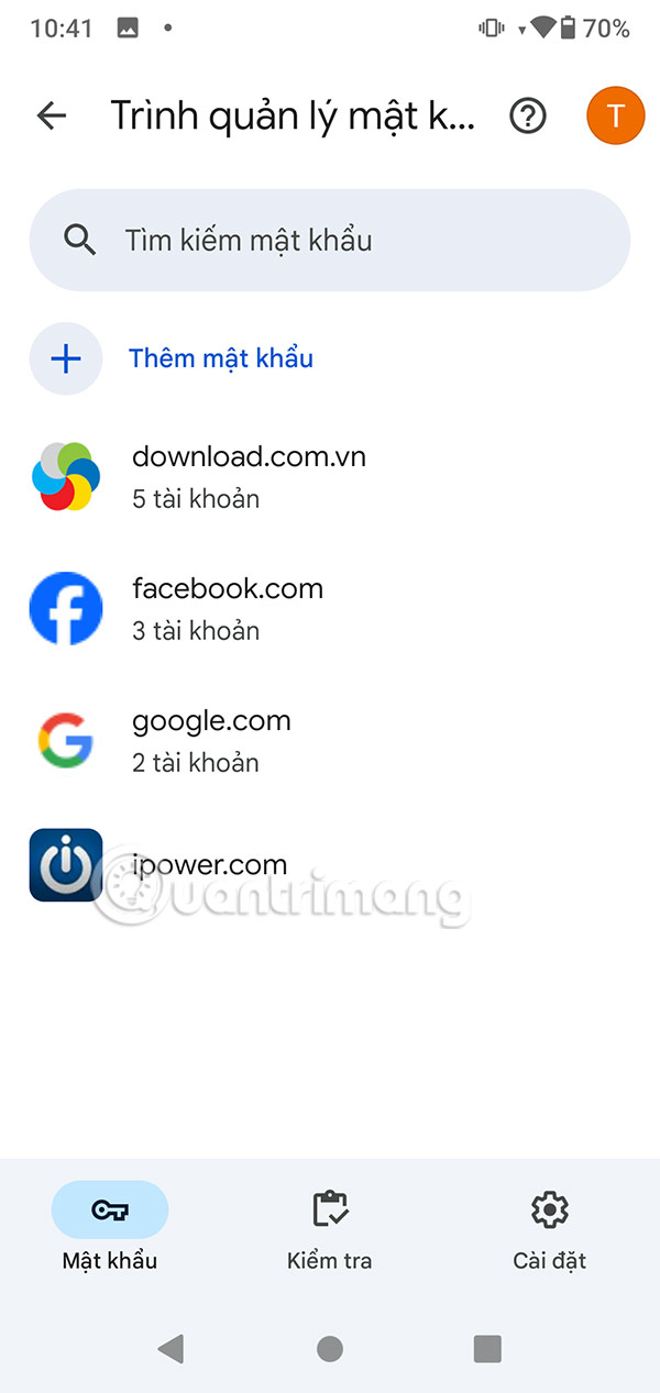 Danh sách mật khẩu đã lưu