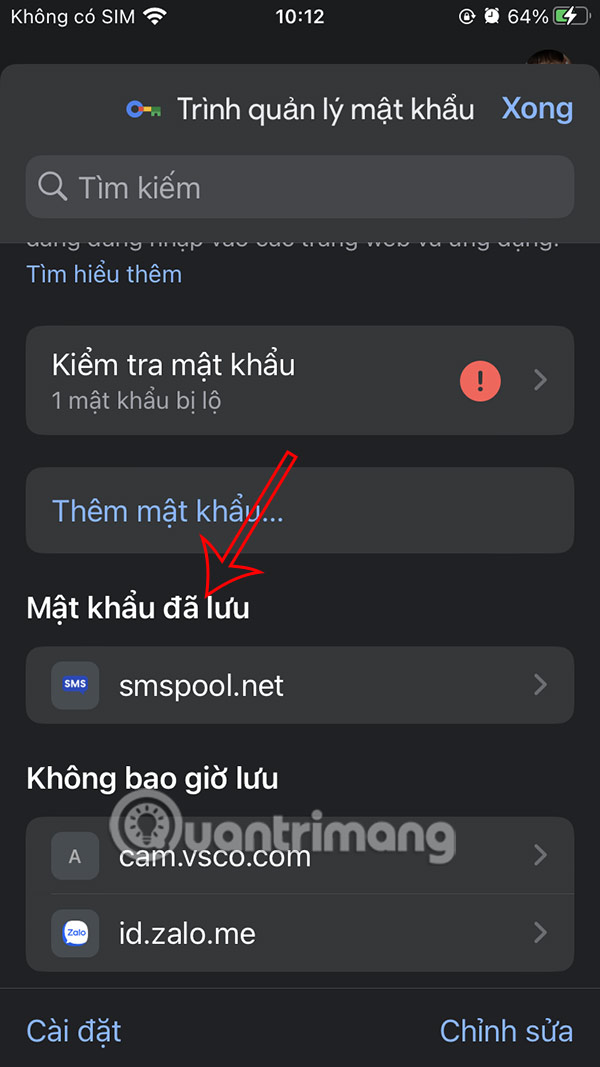 Danh sách mật khẩu đã lưu