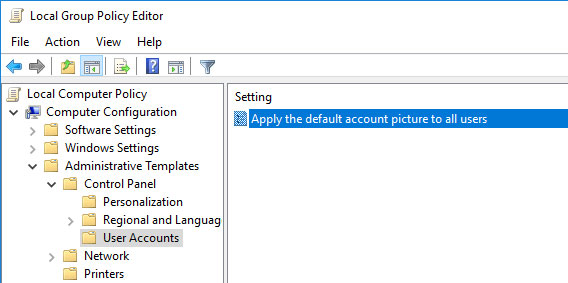 Thiết lập Local Group Policy Editor để áp dụng ảnh tài khoản mặc định cho tất cả người dùng.