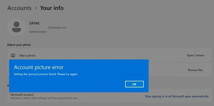 Lỗi Account picture hiển thị khi cố gắng thay đổi hình ảnh UAC trong Settings.