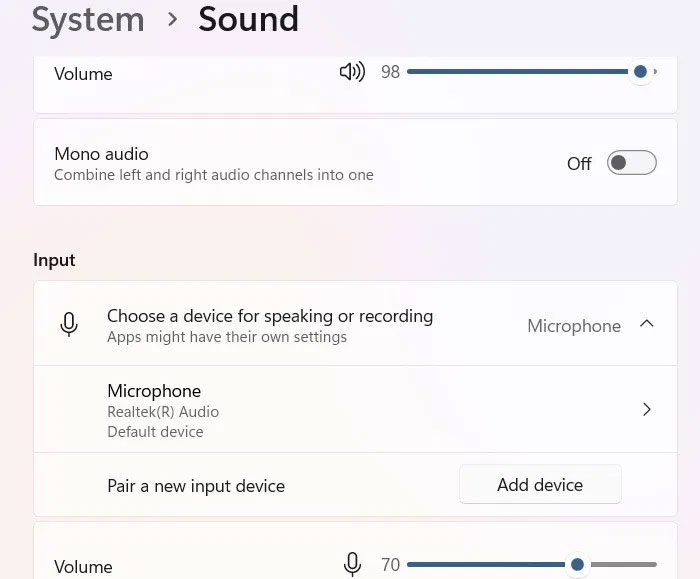 Tùy chọn Pair a new input device cho micro Windows.