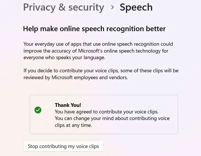 Nút Start contributing my voice clips trong Online speech recognition.