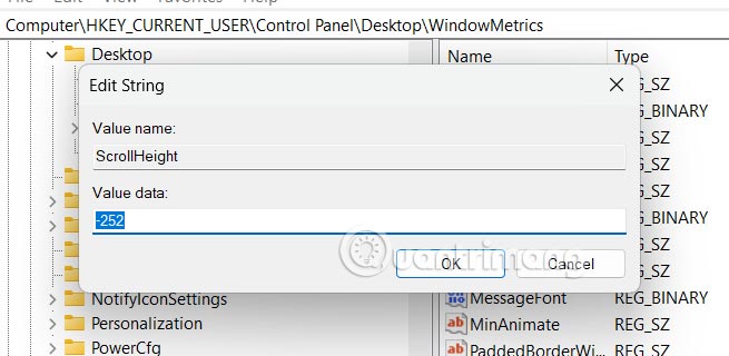 Chỉnh kích thước thanh cuộn Windows 11 trong Registry Editor