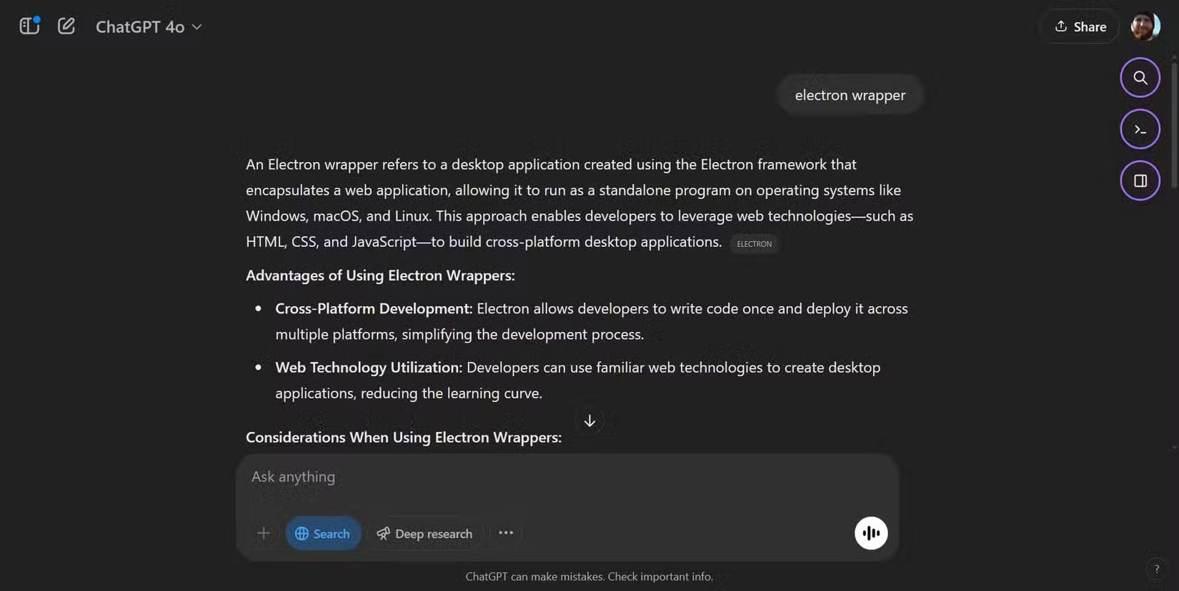 Ví dụ về ChatGPT Search tìm kiếm thông tin về "Electron wrappers"