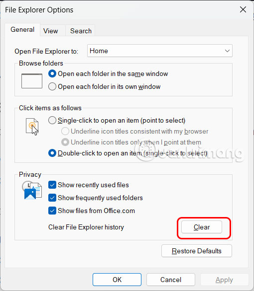 Xóa lịch sử File Explorer Windows 11