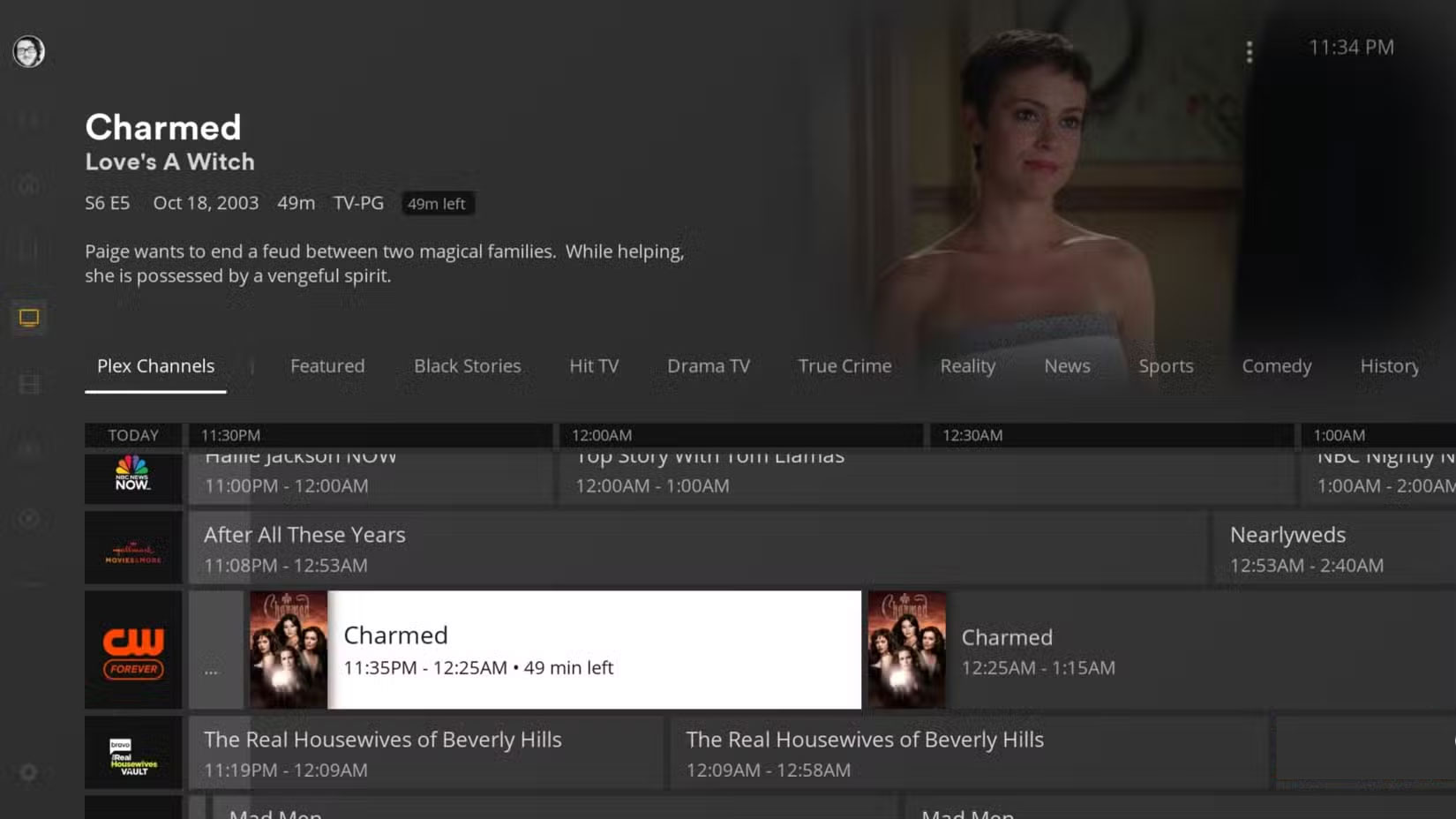 Xem chương trình truyền hình Charmed trong hướng dẫn Live TV của Plex.