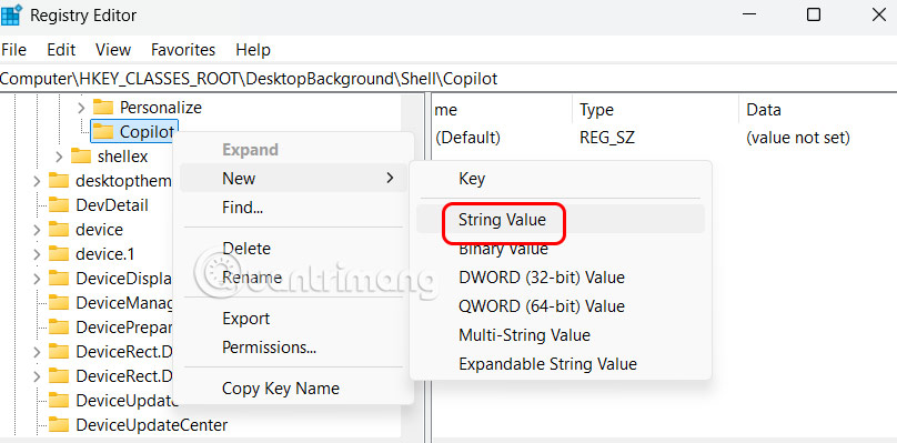 Tạo giá trị cho key trong Registry Editor