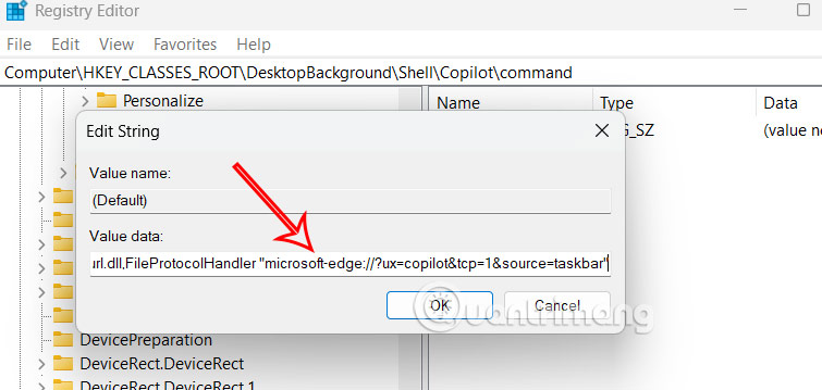 Nhập giá trị cho khóa mới trong Registry Editor