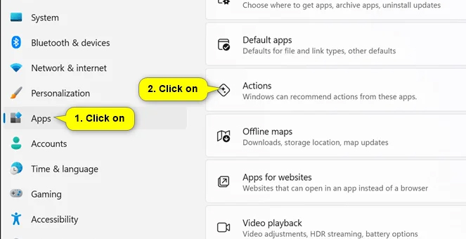 Cài đặt hành động cho ứng dụng Windows 11
