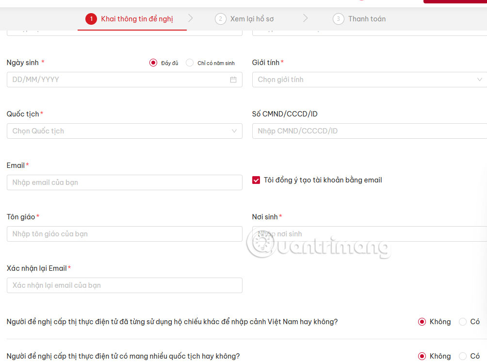 Thông tin người xin thị thực e-visa