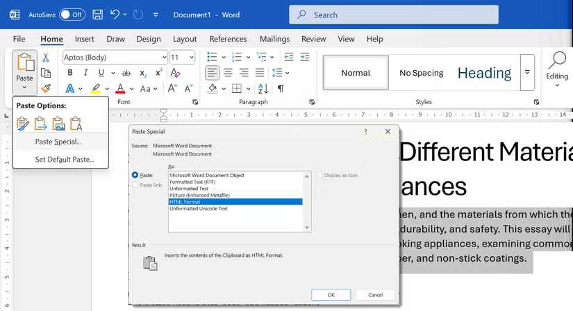 Tùy chọn dán trong ribbon của Microsoft Word