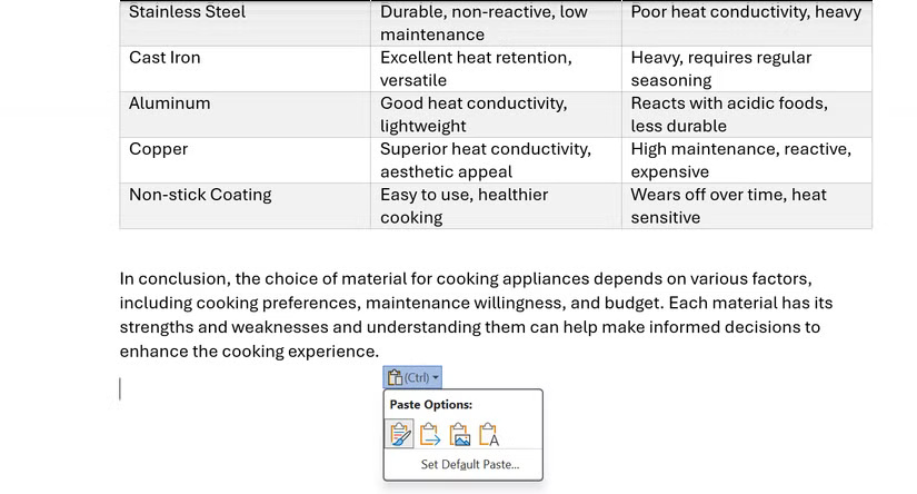 Biểu tượng clipboard nhỏ có tùy chọn dán trên tài liệu Microsoft Word