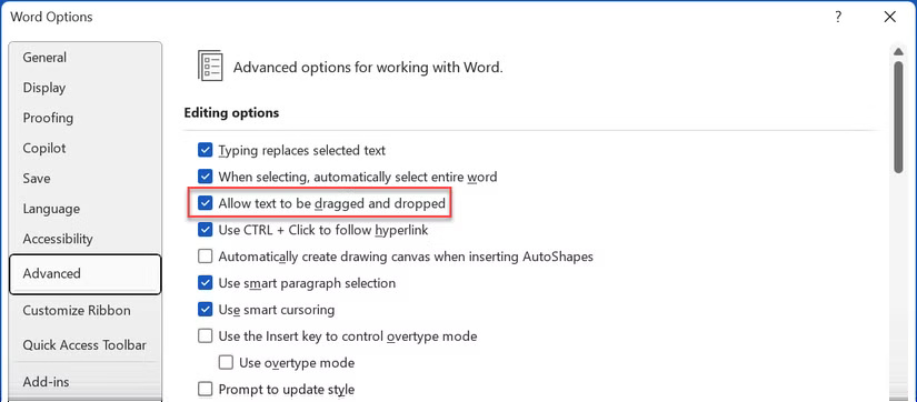 Cài đặt kéo-thả của Microsoft Word trong Word Options