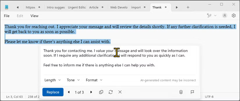 Tính năng AI Rewrite của Notepad đang hoạt động