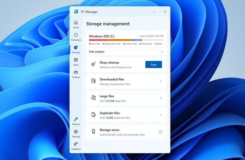 PC Manager trên Windows hiển thị tab Storage