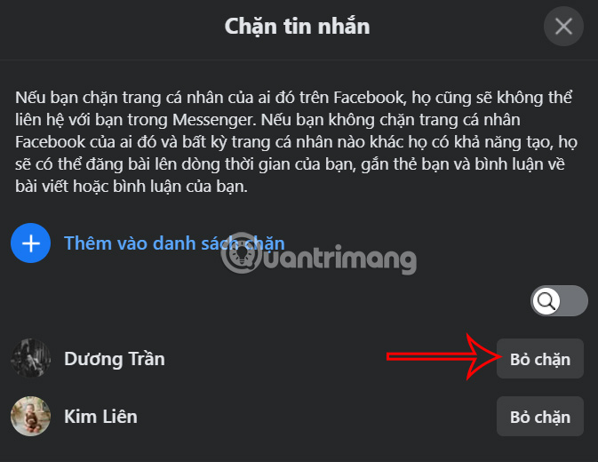 Bỏ chặn Messenger trên Facebook 