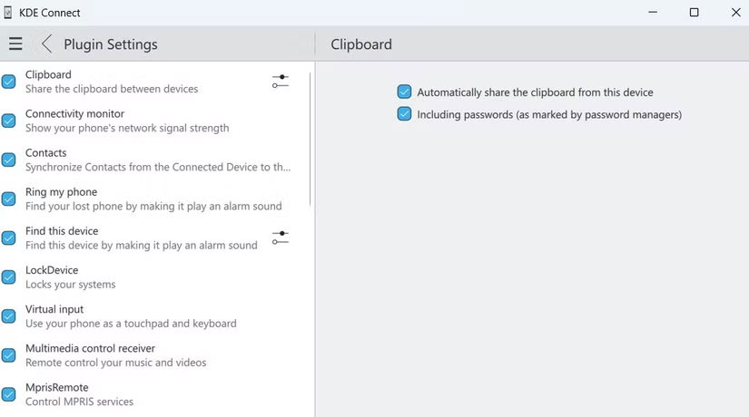Ứng dụng KDE Connect trên Windows hiển thị cài đặt clipboard