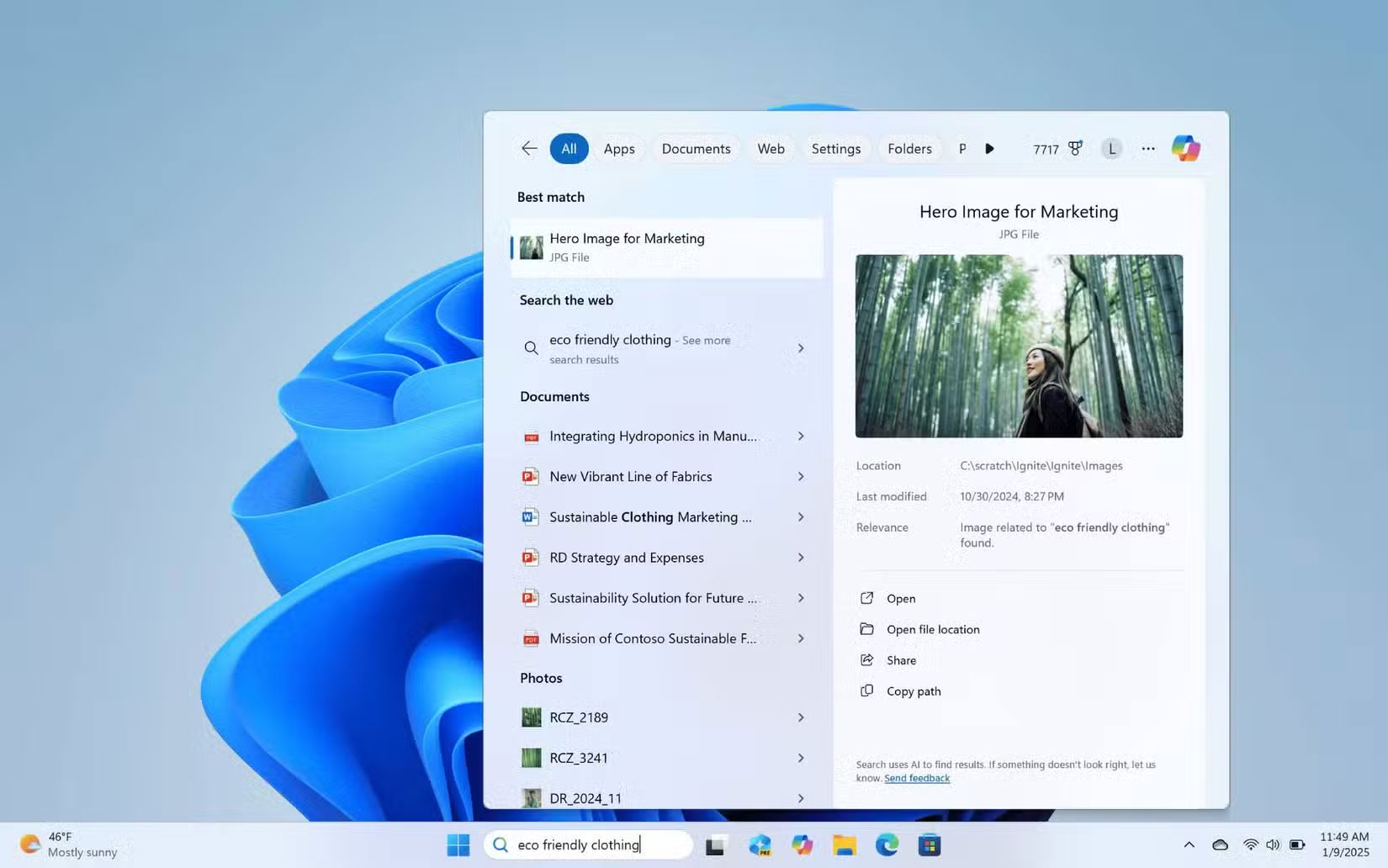 Sử dụng tính năng tìm kiếm ngữ nghĩa trong Windows 11 để tìm các tùy chọn quần áo thân thiện với môi trường