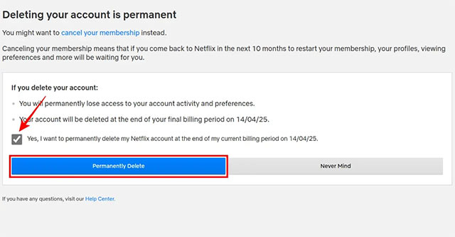 Xác nhận xóa tài khoản Netflix máy tính