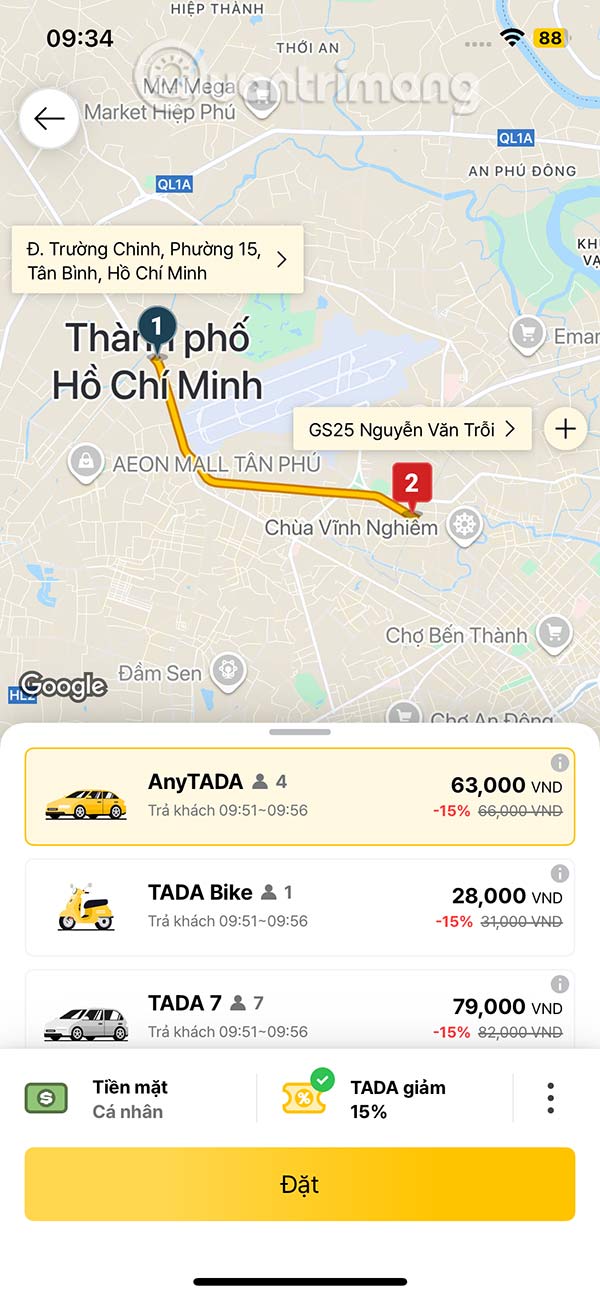 Tùy chọn đặt xe