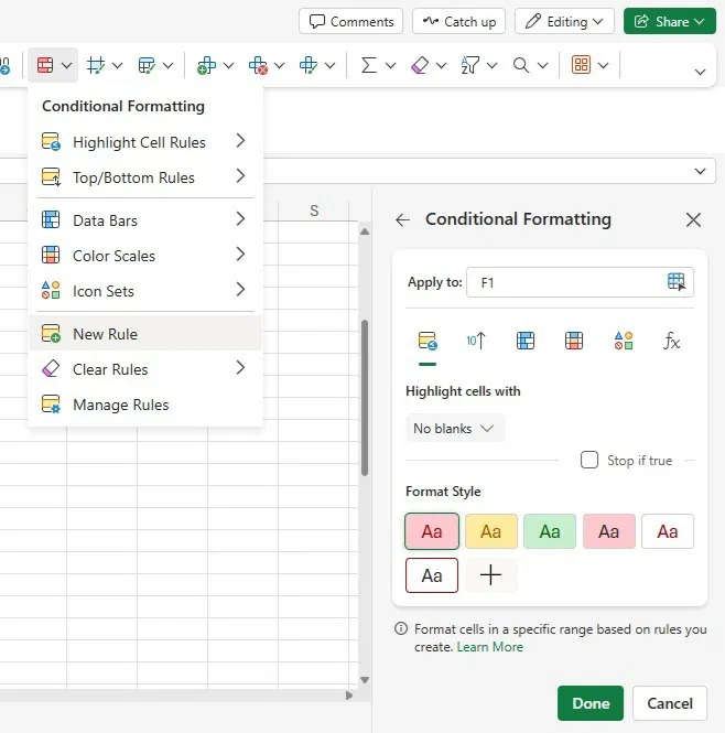 Thiết lập định dạng có điều kiện trong Excel.