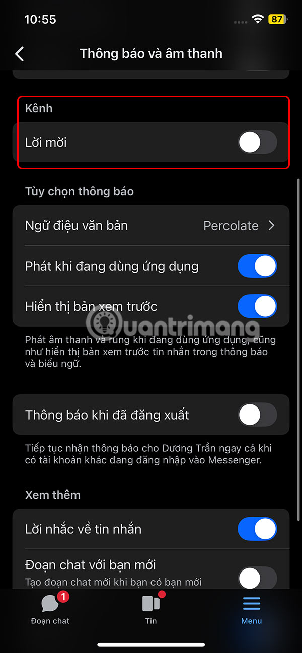 Tắt lời mời kênh Messenger
