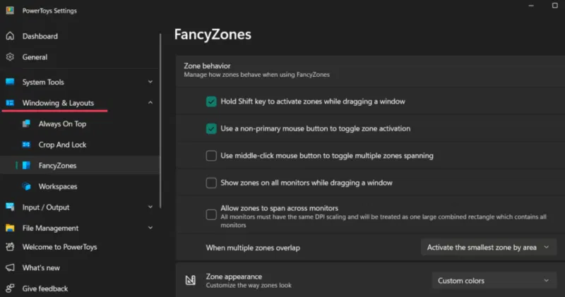 Hành vi vùng màn hình kép FancyZones