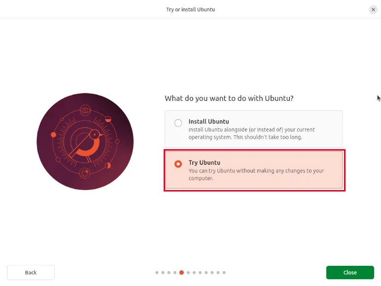 Tùy chọn "Try Ubuntu" cho phiên Live ISO.