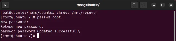 Quá trình chroot và thay đổi mật khẩu của người dùng root.