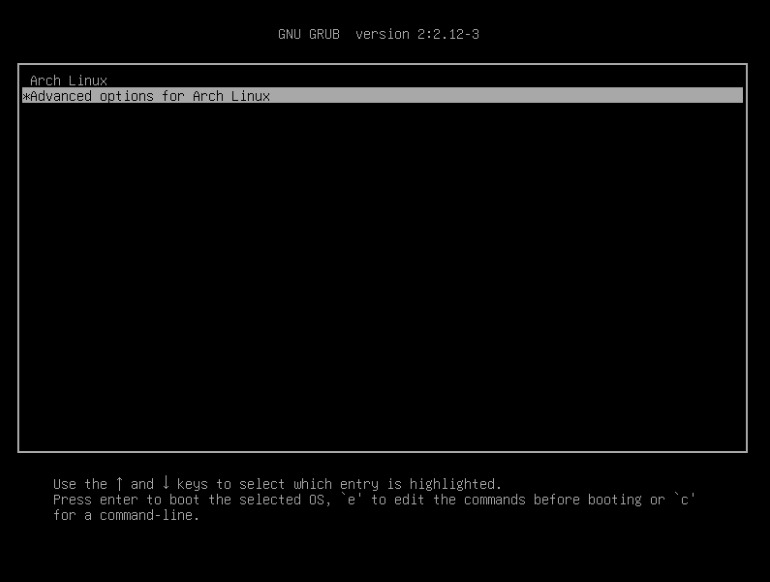 Menu khởi động GRUB chọn mục "Advanced options for Arch Linux".