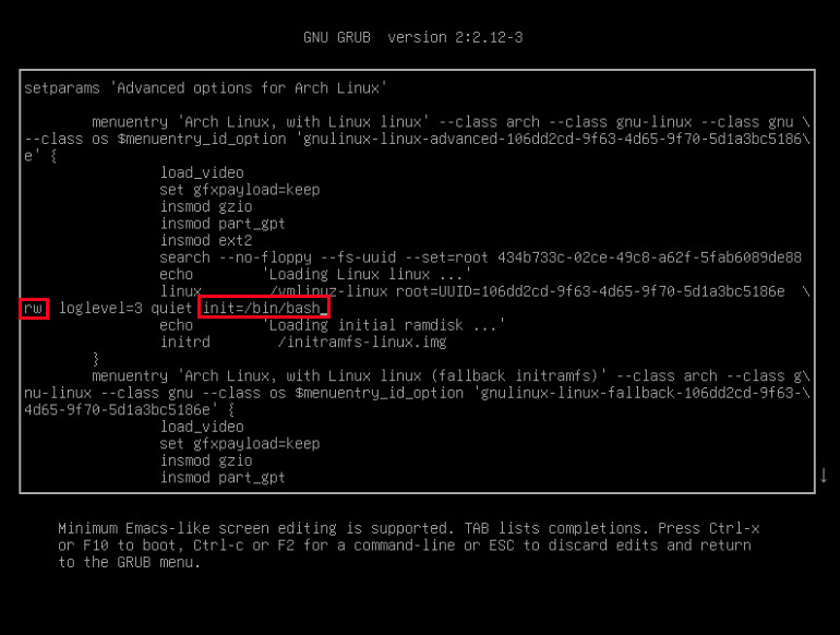 Menu GRUB với các tùy chọn khởi động "rw" và "init" cho single user mode.