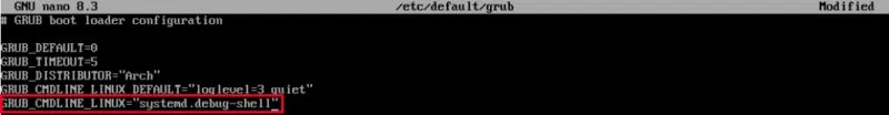 File cấu hình GRUB đã sửa đổi cho chế độ Systemd Debug.