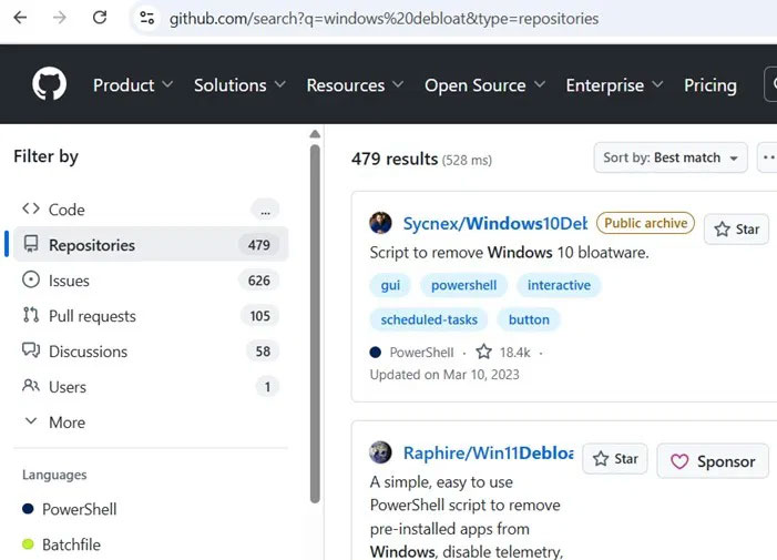 Kết quả tìm kiếm trên GitHub cho thấy nhiều script gỡ bỏ bloatware được sử dụng cho Windows.