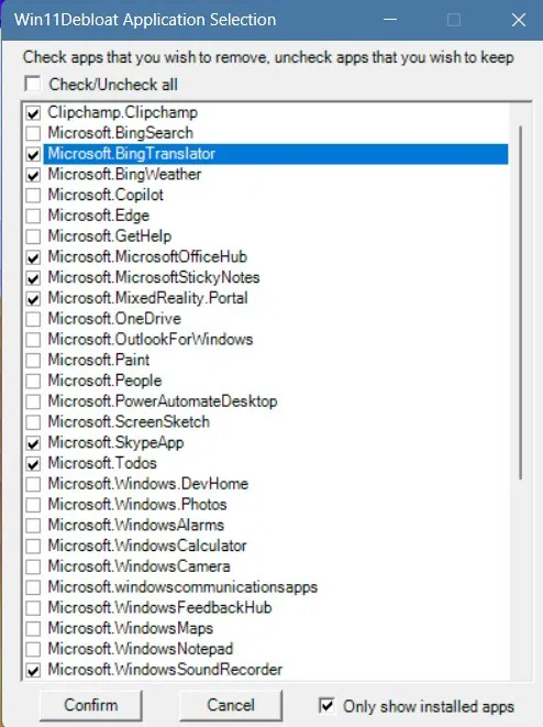 Danh sách các ứng dụng đã cài đặt cần xóa khi sử dụng Win11Debloat