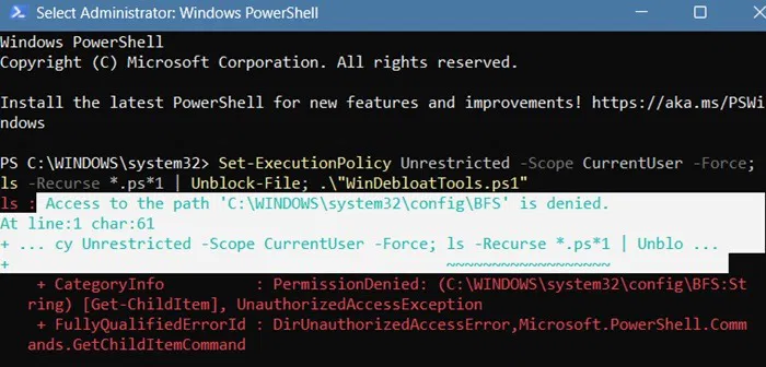 Lỗi "Access denied" khi chạy script xóa bloatware trong PowerShell.