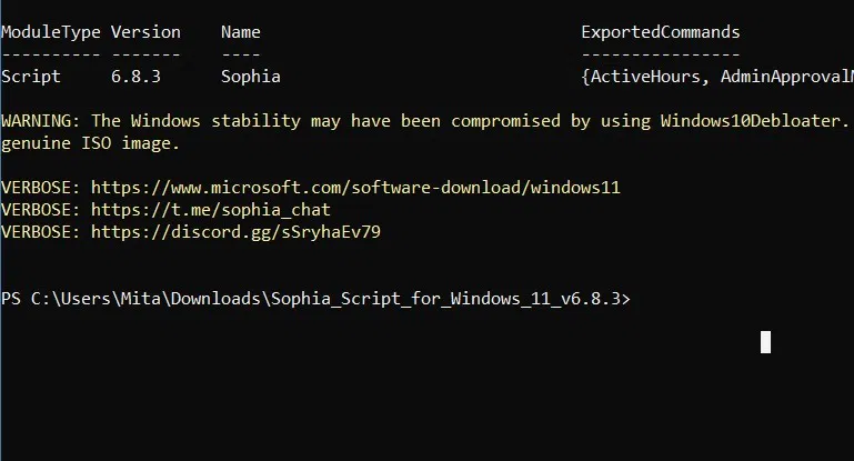 Các thành phần bổ sung đang được cài đặt khi sử dụng script gỡ bloatware Windows