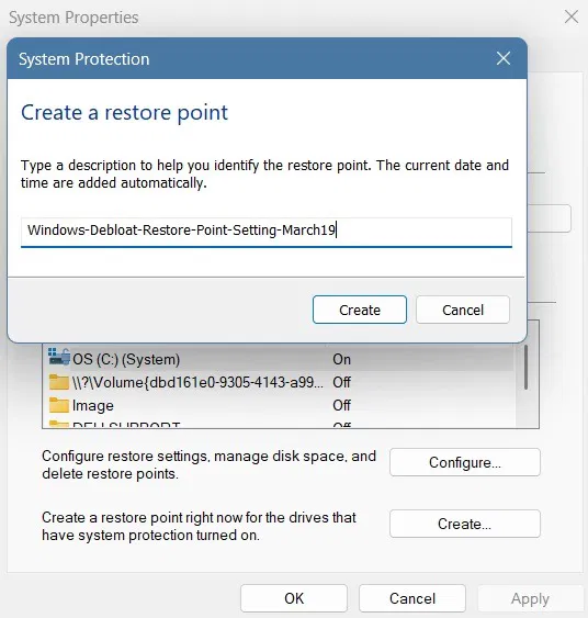 Tạo điểm khôi phục sau khi sử dụng script xóa bloatware của Windows.