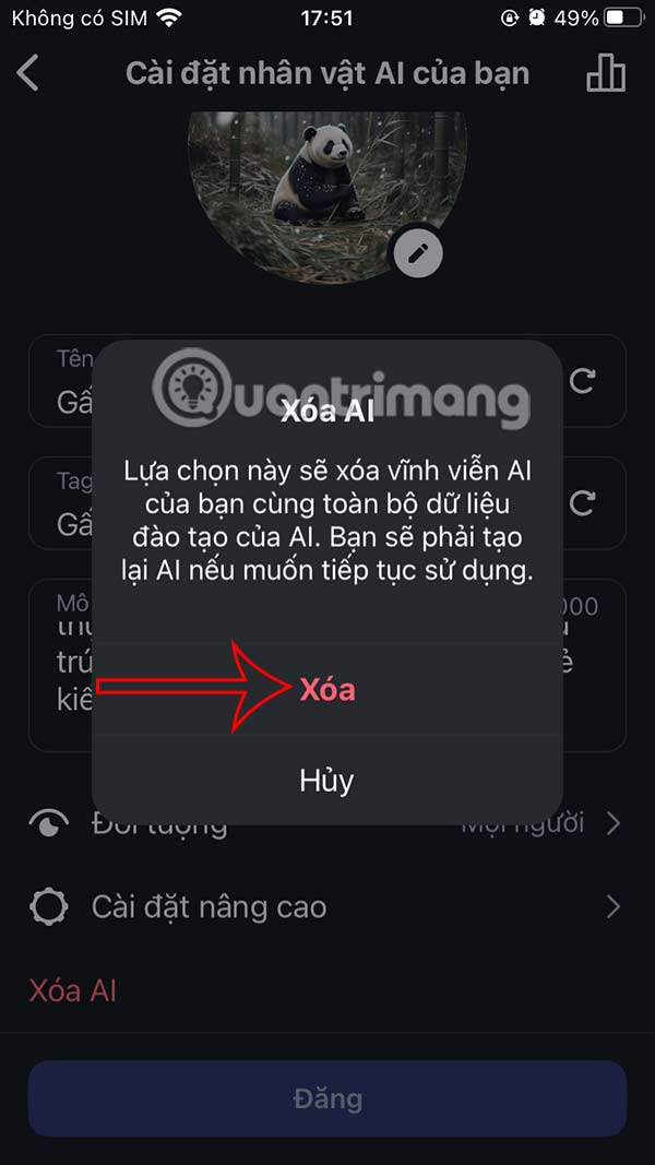 Chọn xóa nhân vật AI