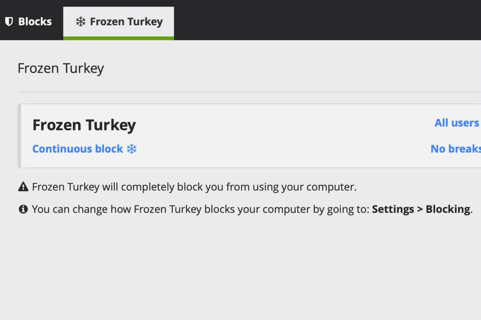 Tính năng Frozen Turkey trong ứng dụng Cold Turkey