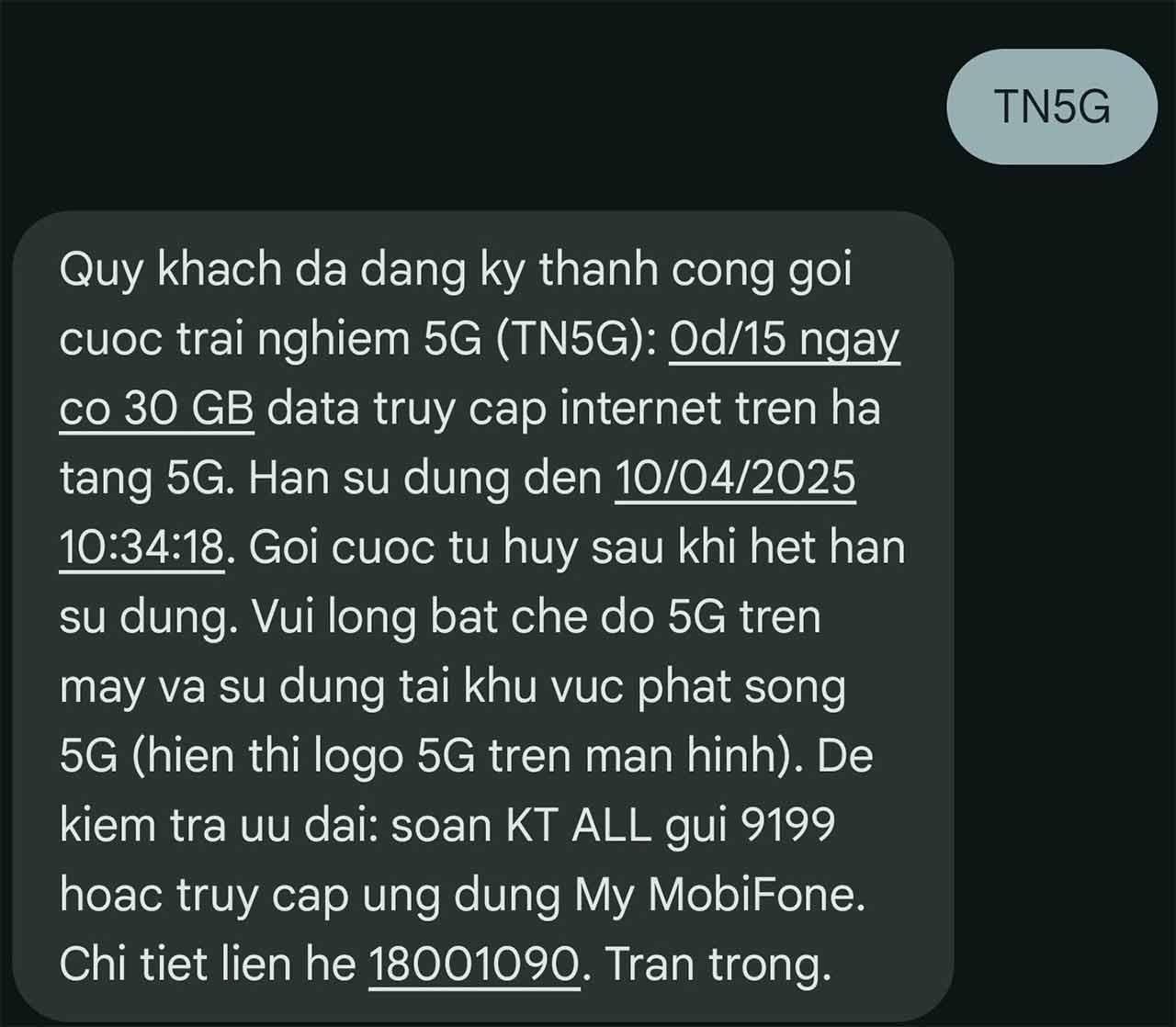 Thông báo nhận 30GB data 5G Mobifone miễn phí