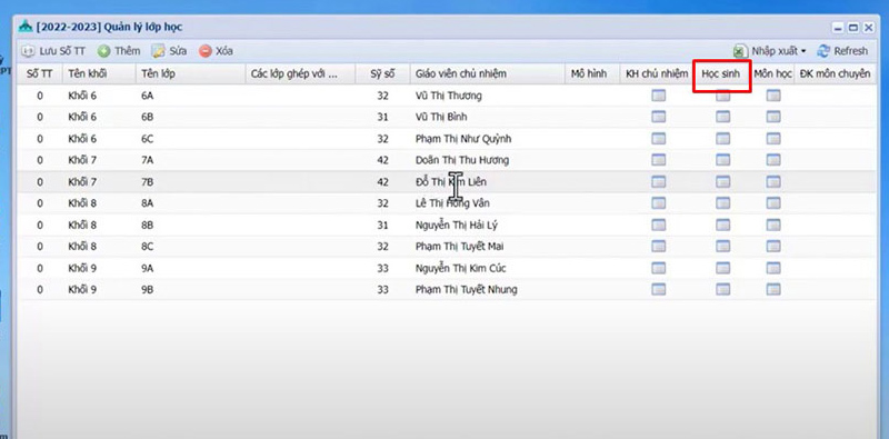 Danh sách lớp quản lý trên VnEdu