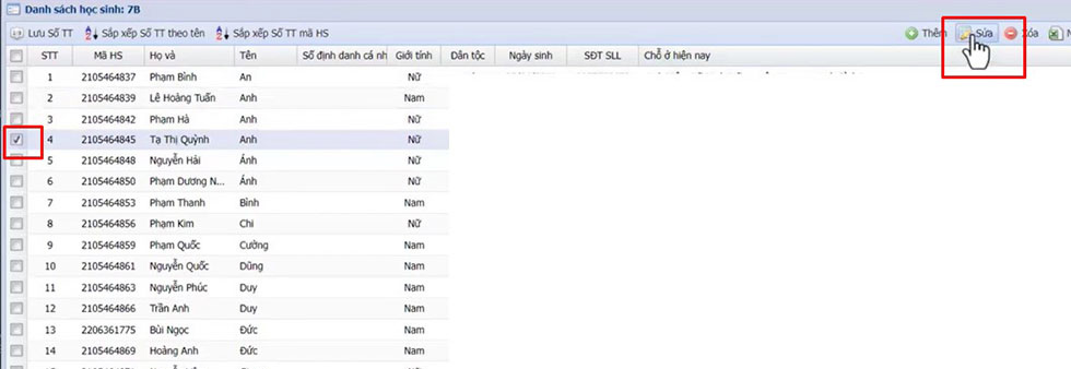 Chọn học sinh đổi thông tin trên VnEdu