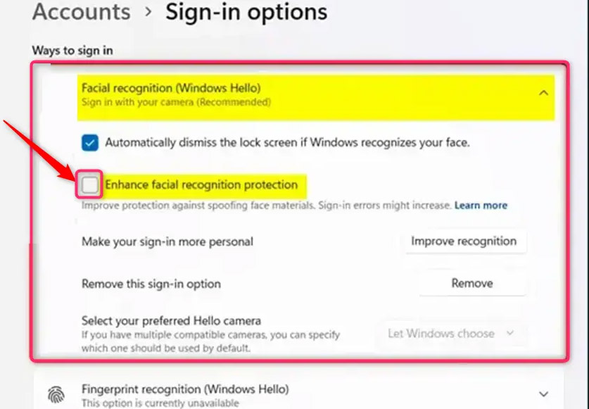 Facial recognition Windows 11