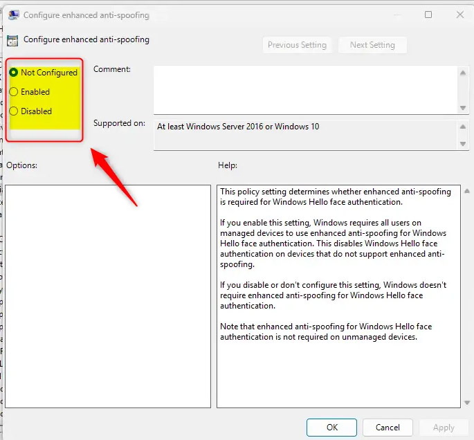 Bật chống giả mạo gương mặt trên Group Policy Editor Windows 11