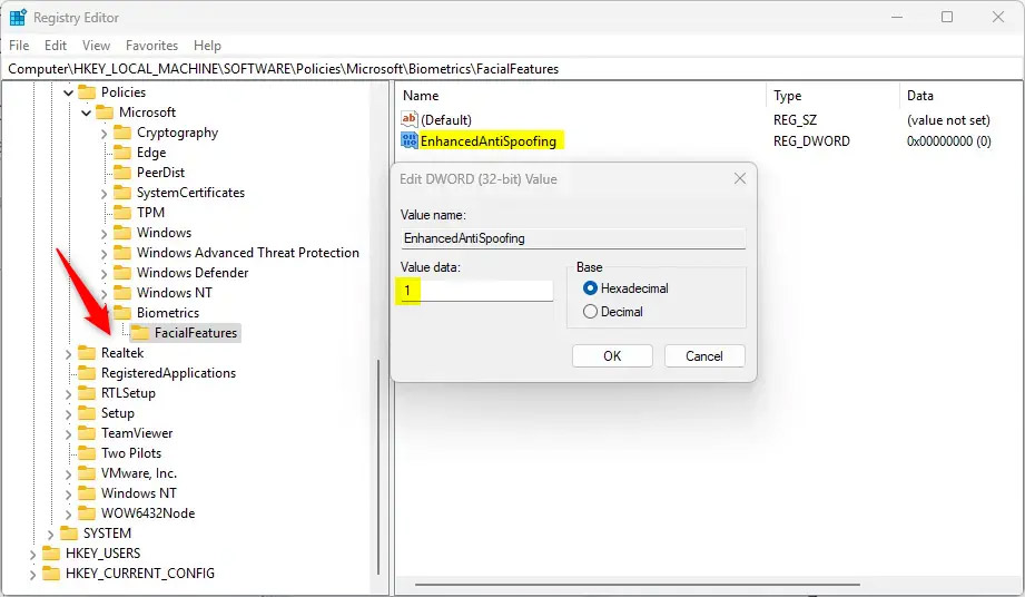 Bật chống giả mạo qua Registry Editor Windows 11