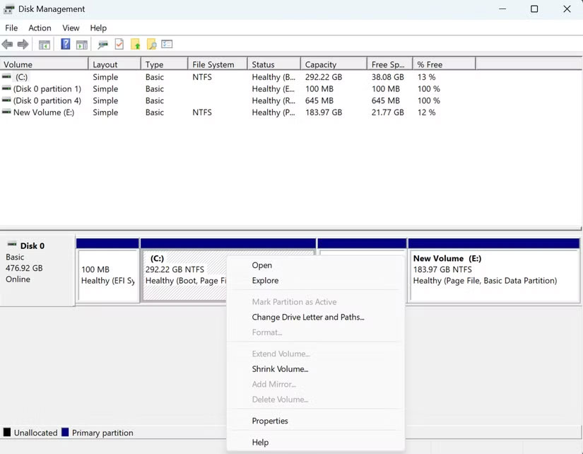 Tiện ích Disk Management Windows 11 hiển thị các tùy chọn cho phân vùng