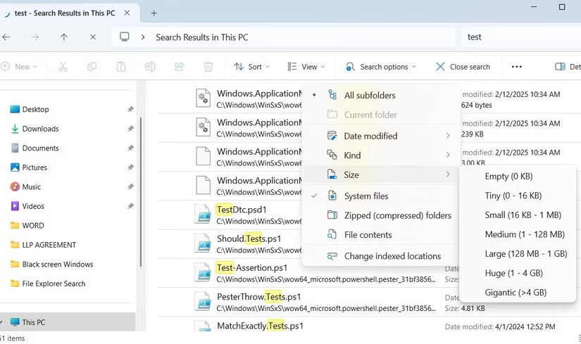 Menu tùy chọn tìm kiếm File Explorer trên Windows